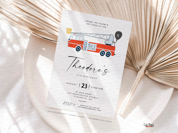 Modern Minimalist Fireman Firetruck birthday invitation