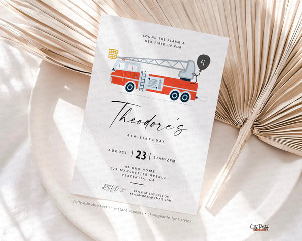 Modern Minimalist Fireman birthday Party Invitation - Digital Download