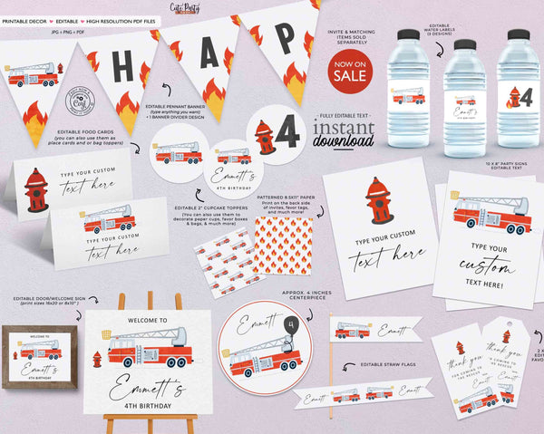 Modern Minimalist Fireman Birthday decoration, Firetruck birthday decor bundle, Printable Firefighter party - Instant Download