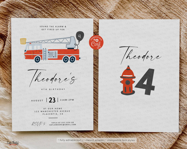Modern Minimalist Fireman birthday Party Invitation - Digital Download