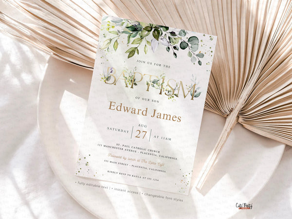 Baptism Greenery Eucalyptus Bohemian Invitation - Digital Download