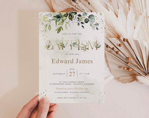 Baptism Greenery Eucalyptus Bohemian Invitation - Digital Download