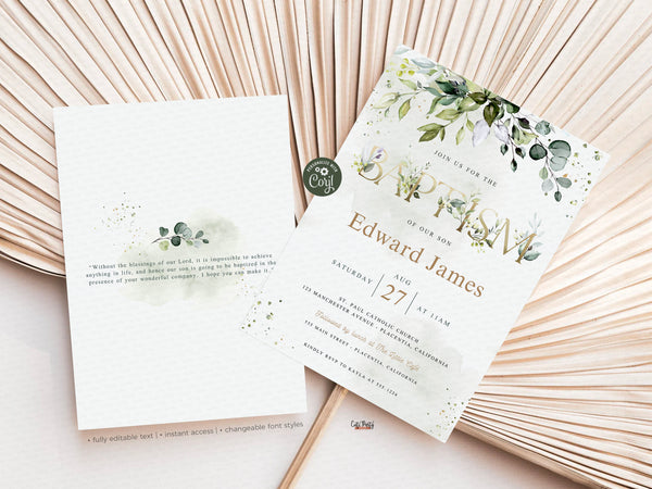 Baptism Greenery Eucalyptus Bohemian Invitation - Digital Download