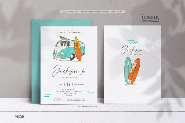 Minimalist Surf  Birthday Party Invitation - Digital Download
