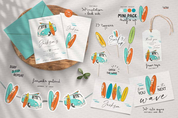 Minimalist Surf Birthday Party Decor Mini Pack - Digital Download