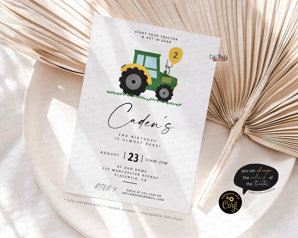 Minimalist Green Tractor Birthday Party Invitation - Digital Download