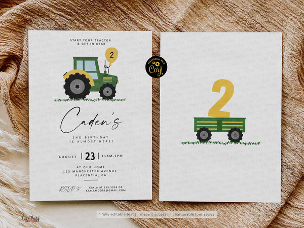 Minimalist Green Tractor Birthday Party Invitation - Digital Download
