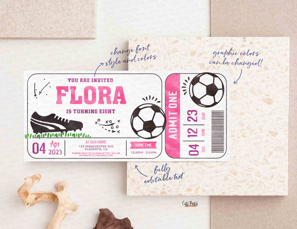 EDITABLE Soccer Girl Birthday Party Ticket invitation- Instant Download