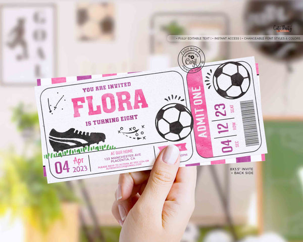 EDITABLE Soccer Girl Birthday Party Ticket invitation- Instant Download