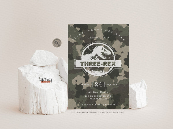 Three Rex Birthday Invitation, Dinosaur party invite Template - Instant Download