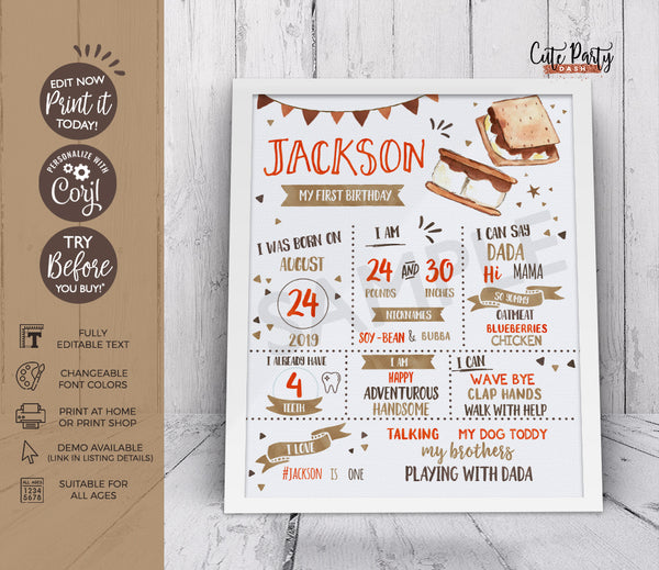 S'mores First Birthday Chalkboard Sign - Digital Download