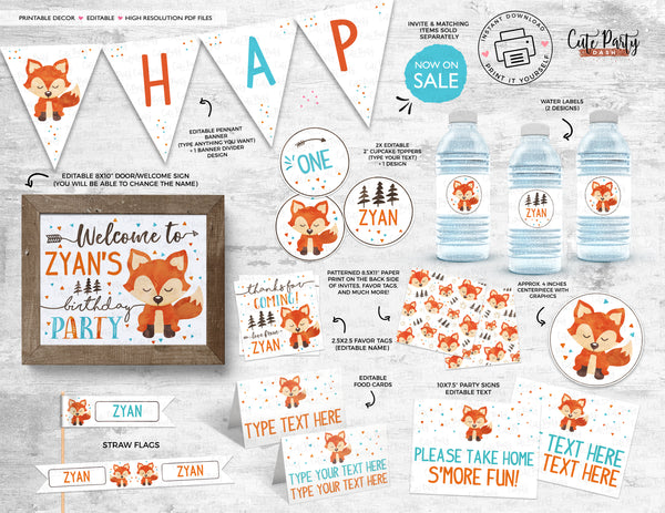 Fox Woodland First Birthday decor bundle