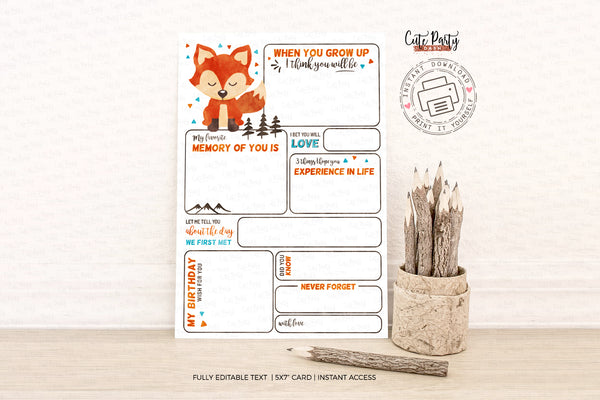 Fox Woodland First Birthday Time Capsule Card - Digital Download