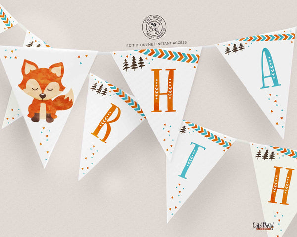 Editable Fox Happy Birthday Wall Banner, Woodland Fox Bunting Party Decor, Pennant Flag Template - Digital Download