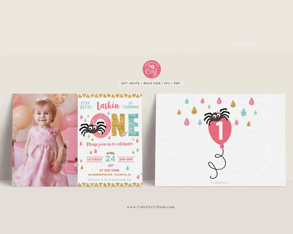 Editable Itsy Bitsy spider First birthday Girl invitation