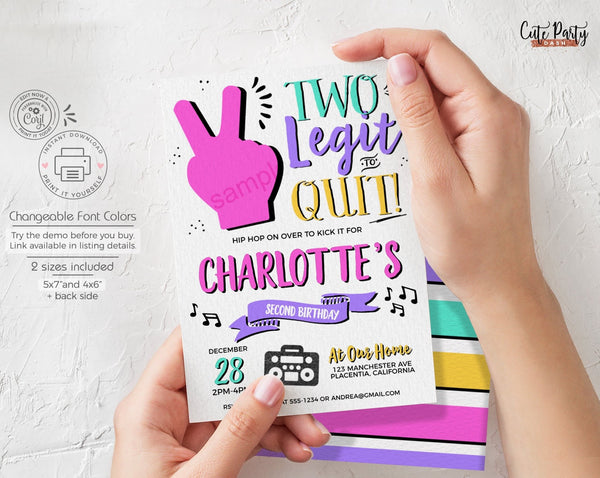 Two Legit To Quit Neon Birthday Party Invitation Girl - Digital Download - Cute Party Dash
