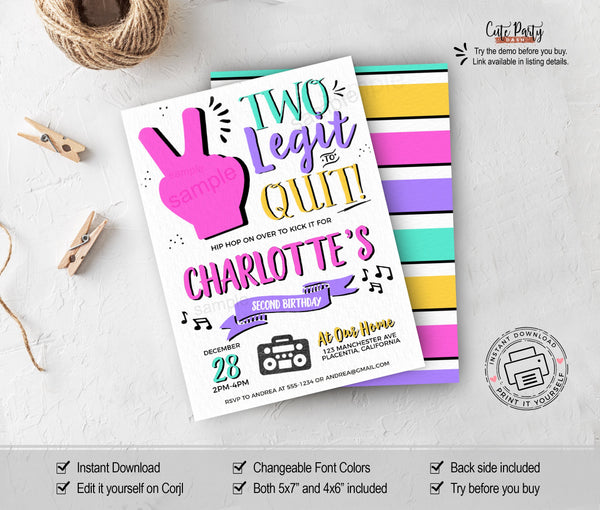 Two Legit To Quit Neon Birthday Party Invitation Girl - Digital Download - Cute Party Dash