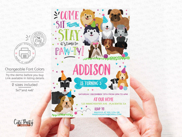 Puppy Birthday Party Invitation - Digital Download - Cute Party Dash