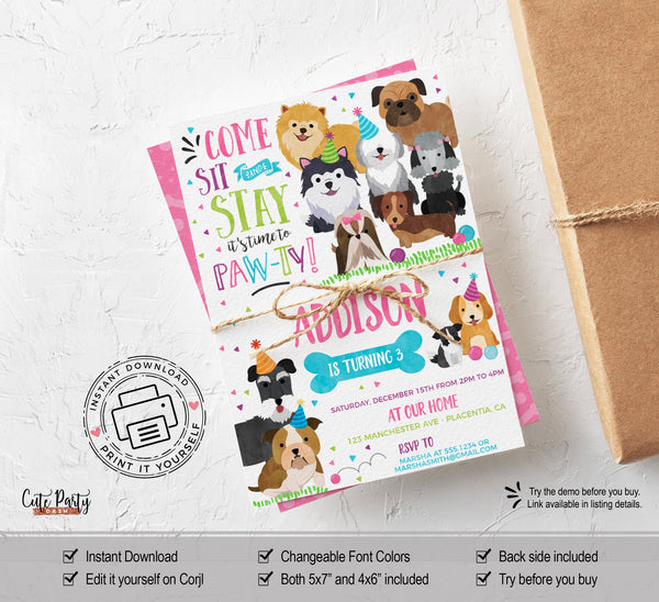Puppy Birthday Party Invitation - Digital Download - Cute Party Dash