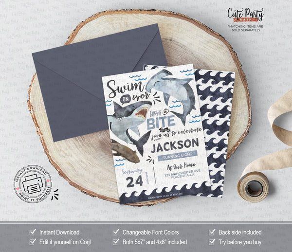 Shark Birthday Party Invitation - Digital Download - Cute Party Dash