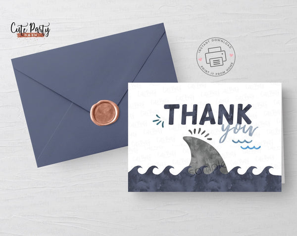 Shark Birthday Party Fold Thank you Note- Digital Download - Cute Party Dash