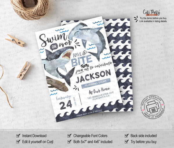 Shark Birthday Party Fold Thank you Note- Digital Download - Cute Party Dash