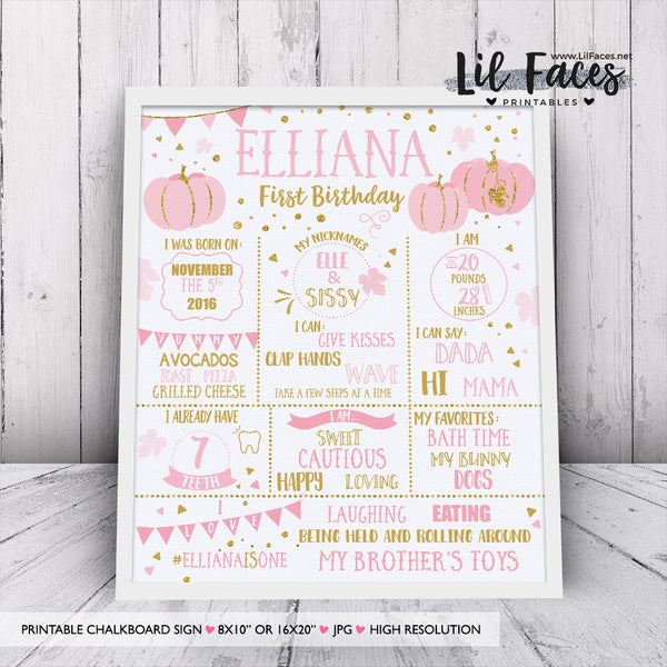 Little Pumpkin Gold Pink Birthday Party Sign - Instant Download