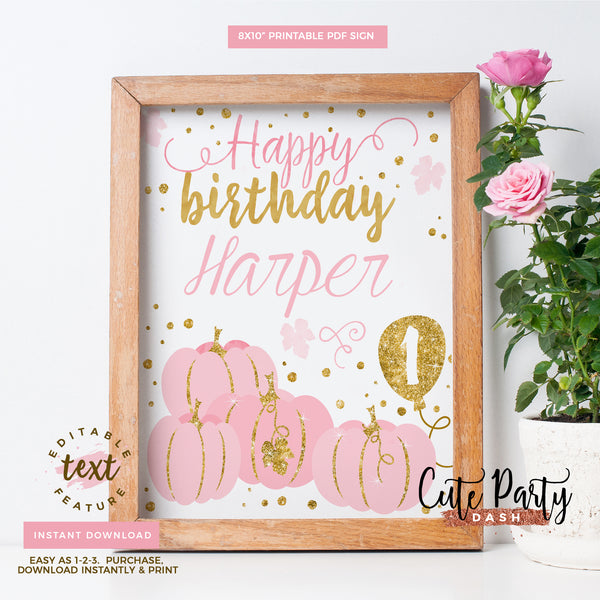 Little Pumpkin Gold Pink Birthday Party Sign - Instant Download