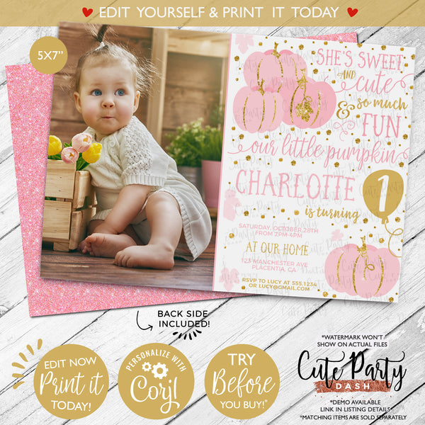 Little Pumpkin Gold Pink Birthday Party Sign - Instant Download