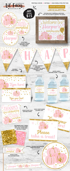 Little Pumpkin Gold Pink Birthday Party Sign - Instant Download
