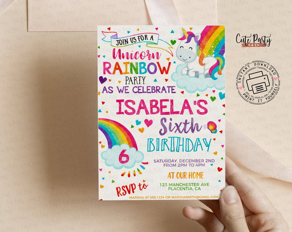 Rainbow unicorn birthday party invitations