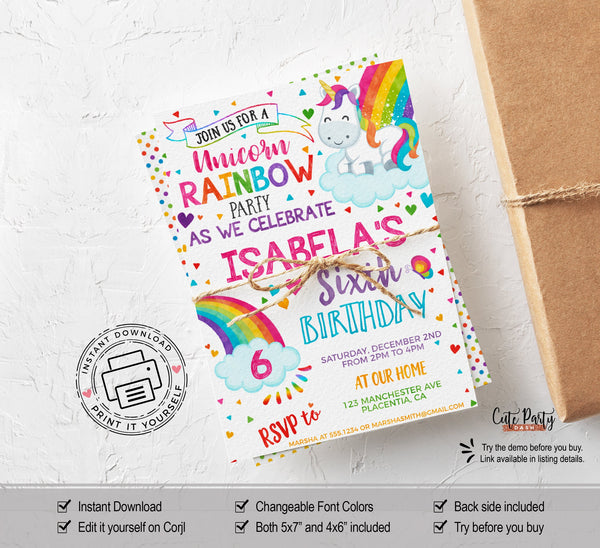 Rainbow unicorn birthday party invitations