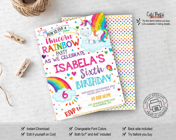 Rainbow Unicorn Birthday Party Invitation - Digital Download - Cute Party Dash