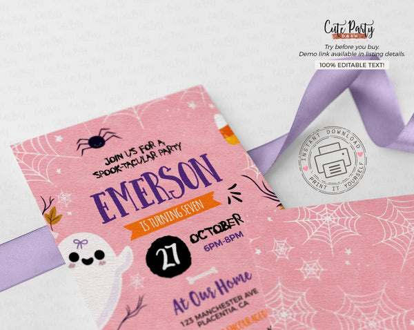 Halloween Birthday Girl Pink Invitation - Digital Download