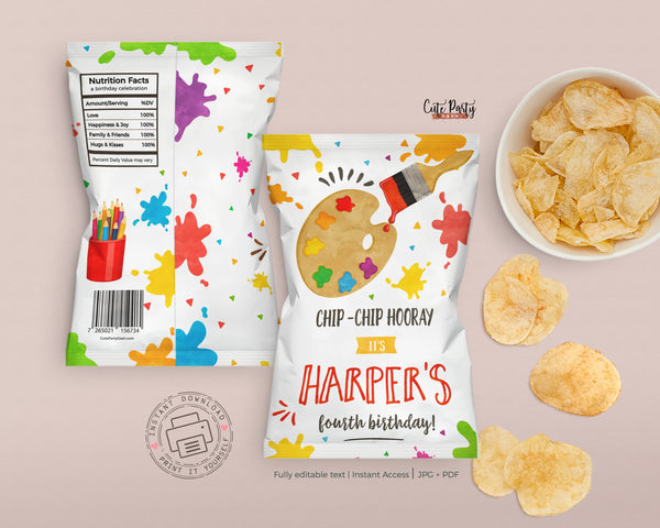 Editable Art Party Birthday Printable chip bag label
