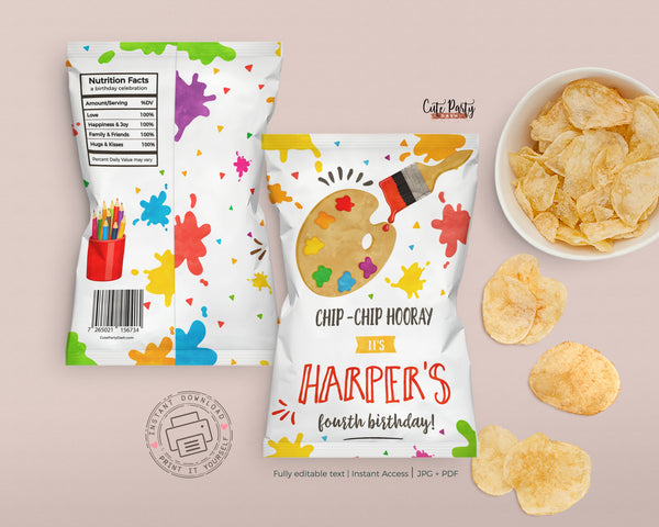 Editable Art Party Birthday Printable chip bag label