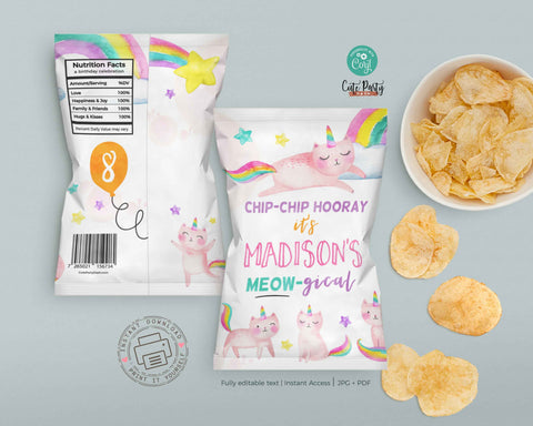 Caticorn Birthday party Printable chip bag label