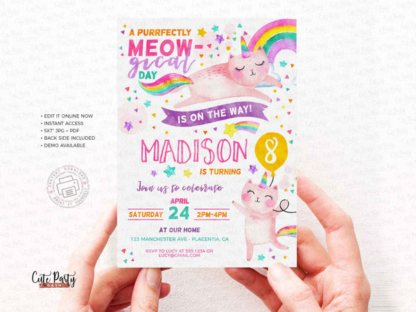 Caticorn Birthday Party Decor, Cat unicorn rainbow Birthday Printable Decoration - Instant Download