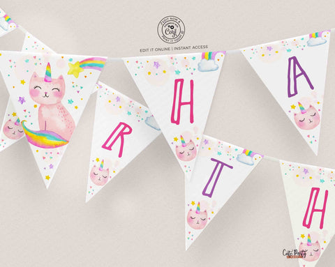 Editable Caticorn Happy Birthday Wall Banner, Pennant Flag - Digital Download