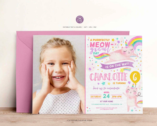 Caticorn Birthday Party Photo invitation, Cat unicorn rainbow Birthday Invite- Instant Download