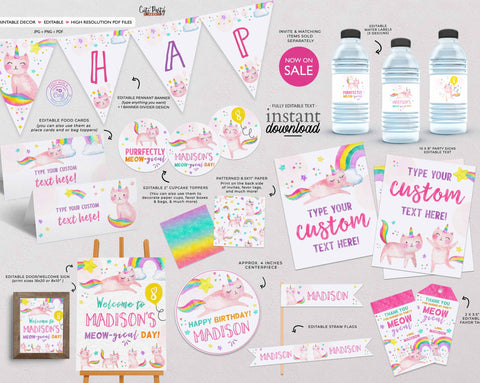 Caticorn Birthday Party Decor, Cat unicorn rainbow Birthday Printable Decoration - Instant Download