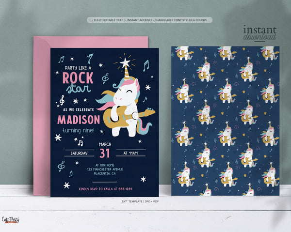 Rock Star Unicorn Party Invitation, Girl Rock Guitar Birthday Editable Rockstar Pop Star Rock n' roll Invite - Instant Download