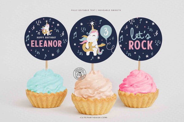 Rock Star Unicorn Party Invitation, Girl Rock Guitar Birthday Editable Rockstar Pop Star Rock n' roll cupcake toppers, round circle, sticker - Instant Download