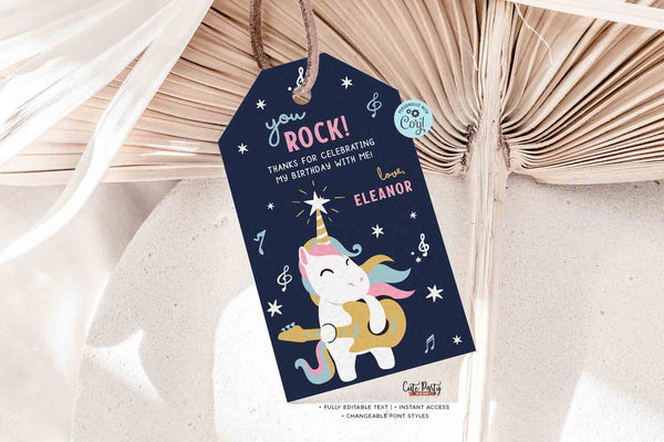 Rock Star Unicorn Party gift tag, round circles, Girl Rock Guitar Birthday Editable Rockstar Pop Star Rock n' roll favor tags - Instant Download