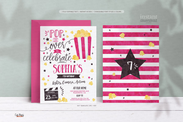 Hot Pink Movie Night Birthday invitation - Digital Download