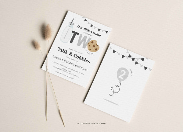 Minimal Milk and Cookies Second Birthday invitation - Digital Download