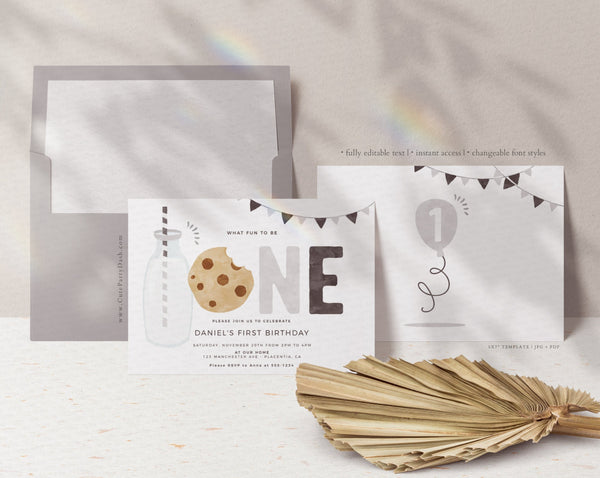 Minimal Milk and Cookies Birthday invitation - Digital Download