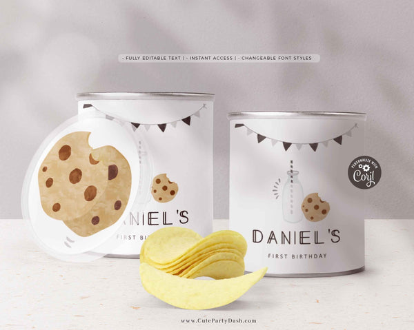 Minimalist Milk and Cookies Birthday pringles labels