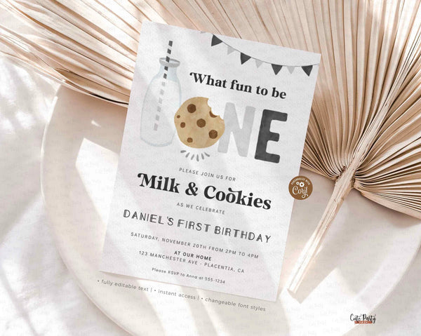 Minimal Milk and Cookies First Birthday invitation - Digital Download