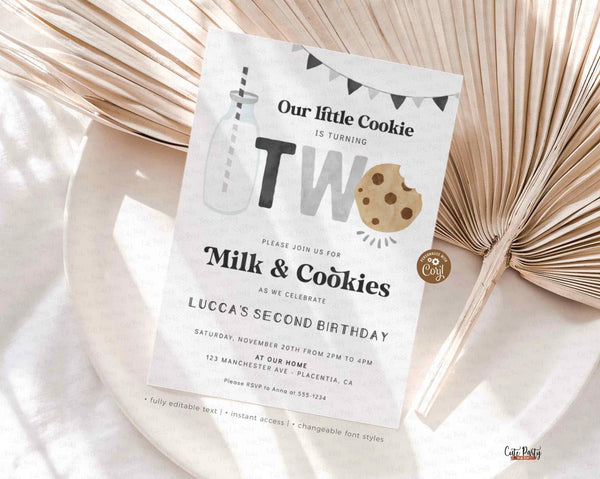 Minimal Milk and Cookies Second Birthday invitation - Digital Download